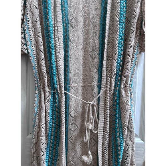 Chico’s Linen Open Crochet Fringe Hem Waist Tie Longline Cardigan Large Boho - Picture 6 of 10